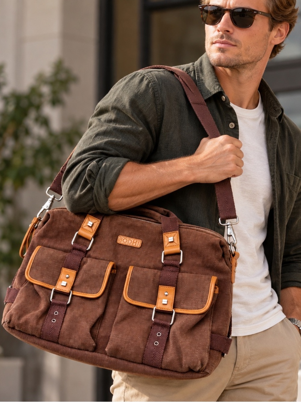 BODHI Brown Canvas Leather Laptop Messenger Bag Briefcase Work Travel Academia